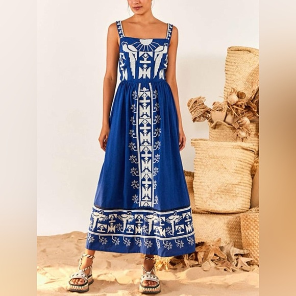 Dresses & Skirts - Farm Rio Macaw Embroidery Linen Blend Maxi Dress
